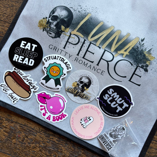 LUNA PIERCE TOTE BAG-PIN-STICKER PACK (SEVEN 2.5" stickers)