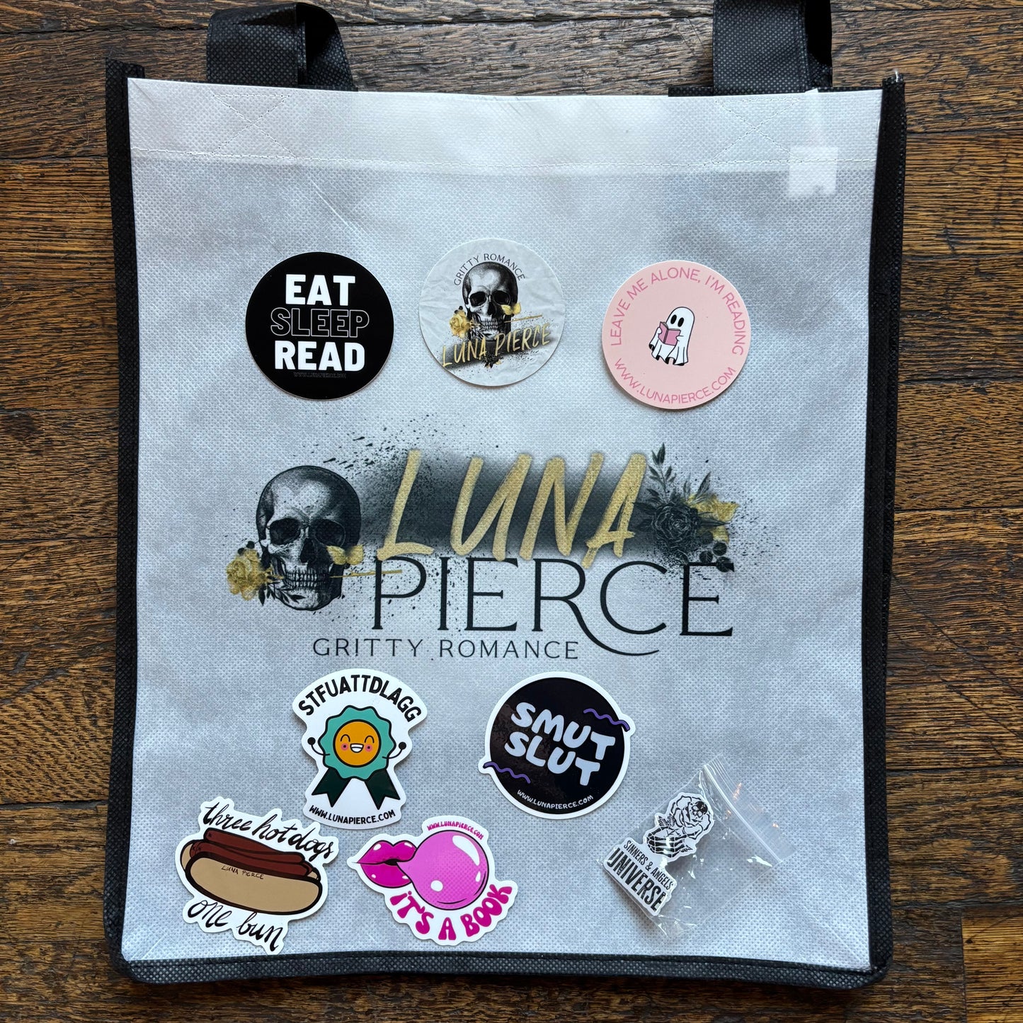 LUNA PIERCE TOTE BAG-PIN-STICKER PACK (SEVEN 2.5" stickers)